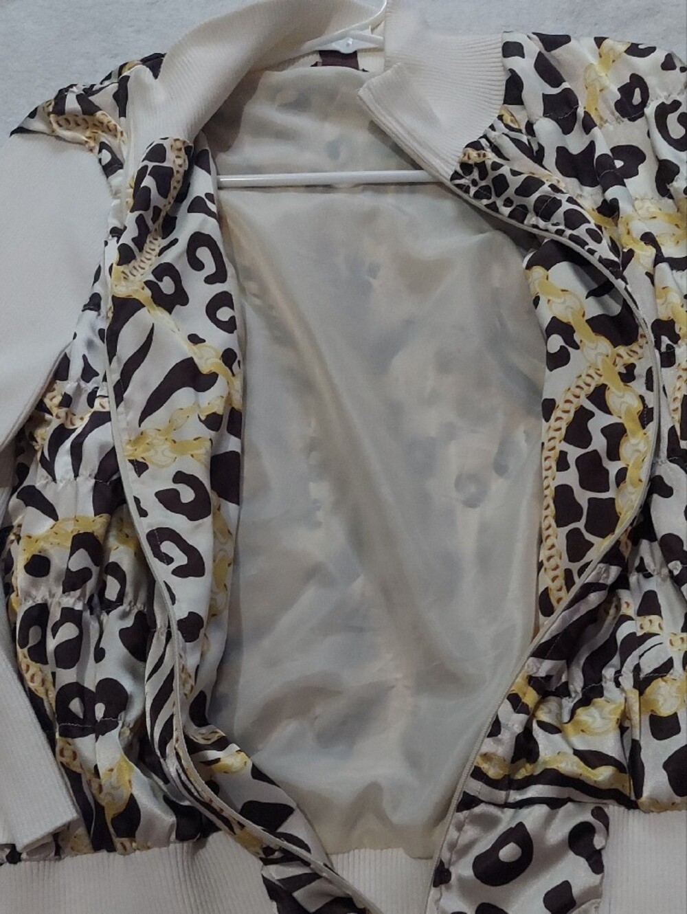6 for $10 M&M Multiples Cream Zip-Front Animal Print Jacket with Gold Accents - Picture 6 of 14